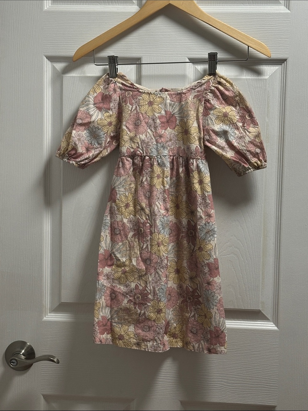 Girls Floral Puff-Sleeve Dress in Pink and Yellow